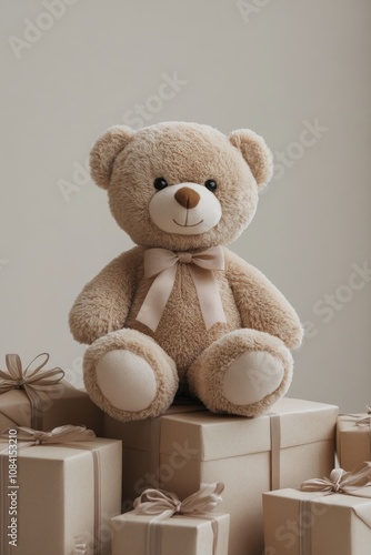 A soft bear sits among beautifully wrapped gift boxes on a simple background
