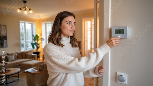 A woman controlling temperature of home thermostat in central heating system.	