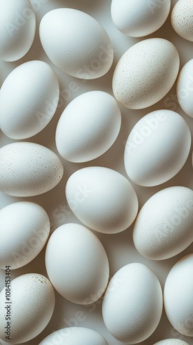 A collection of white eggs arranged neatly on a light background during dayli...