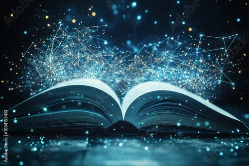 An open book with glowing heart shaped particles floating above it in a dark ...