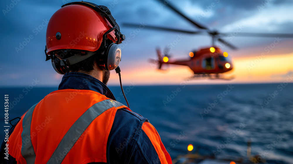 Fototapeta premium Offshore technician watches helicopter landing at sunset over ocean. scene captures dedication and focus of professionals in energy sector
