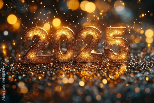 Golden 2025 numbers glowing against a glittering backdrop, creating a luxurious and festive atmosphere, perfect for celebrations and New Year themes.






 photo