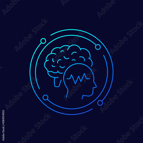 EEG, electroencephalography icon with brain and head, linear design