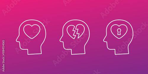 Head and heart icons, love and heartbreak line vector design