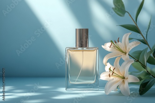 Elegant perfume bottle beside beautiful white lilies on a soft blue backgroun...