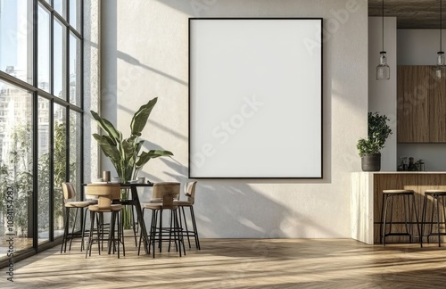 Modern urban interior featuring blank canvas in a stylish apartment with city...