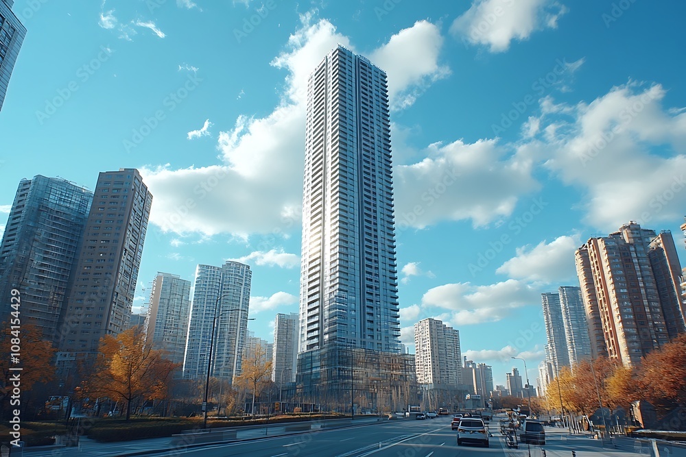 Fototapeta premium Cityscape with Skyscrapers and Cars on a Sunny Day