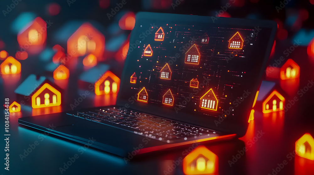 Fototapeta premium Digital Concept of Smart Homes Connected Through Technology with LED House Icons Surrounding a Laptop Signifying Innovation and Modern Living