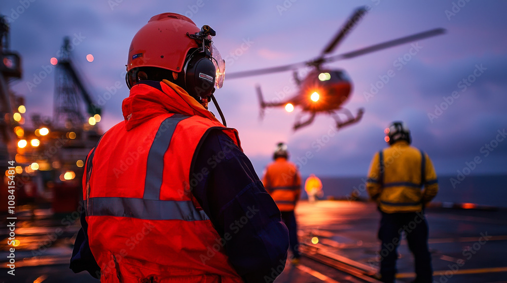 Fototapeta premium Offshore technician observes helicopter landing at dusk, showcasing teamwork and safety in maritime environment