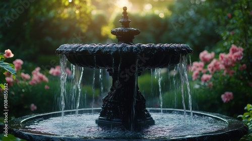 A tranquil fountain surrounded by vibrant flowers in a serene garden during d...