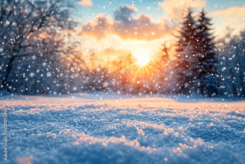 Winter sunrise over a snowy landscape with pine trees in a serene natural set...