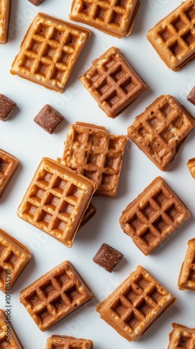 Six freshly baked waffles arranged neatly on a white surface in morning light