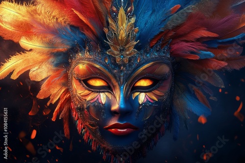 Colorful carnival mask adorned with feathers and intricate designs displayed ...