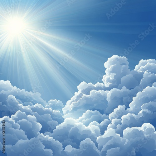 Bright sunlight shines through fluffy white clouds in a clear blue sky during...