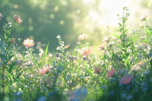 Sunlit field of wildflowers blooming in spring with a soft golden glow in the...