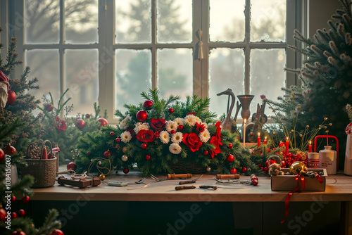 A table topped with a bunch of christmas decorations next to a window photo