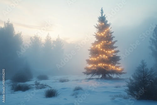 A serene winter landscape features a snow covered Christmas tree illuminated ...