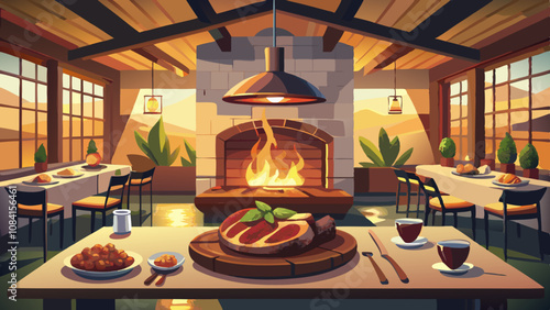 Create the perfect high quality, michelin star worthy, cosy food magazine shot of an award winning stunningly grilled Bistecca alla Fiorentina on open fire in a Tuscan restaurant. Some slices of grill