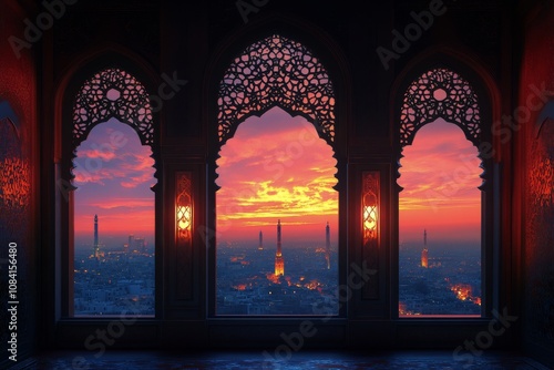 Beautiful sunset viewed through ornate windows overlooking a historic citysca...