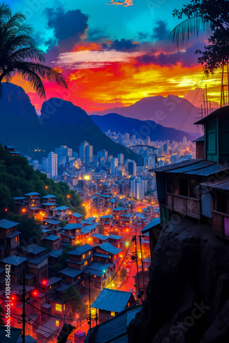 A view of a city at sunset from the top of a hill