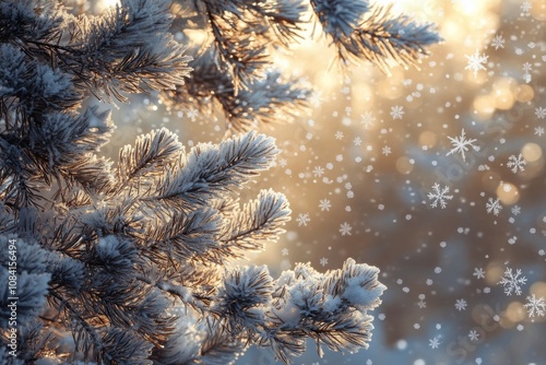 Frost covered pine branches glistening in sunlight during a winter morning