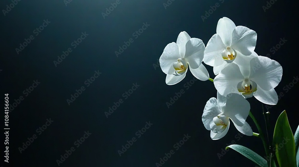 Fototapeta premium A collection of white blossoms resting atop a verdant foliage plant against a deep navy backdrop