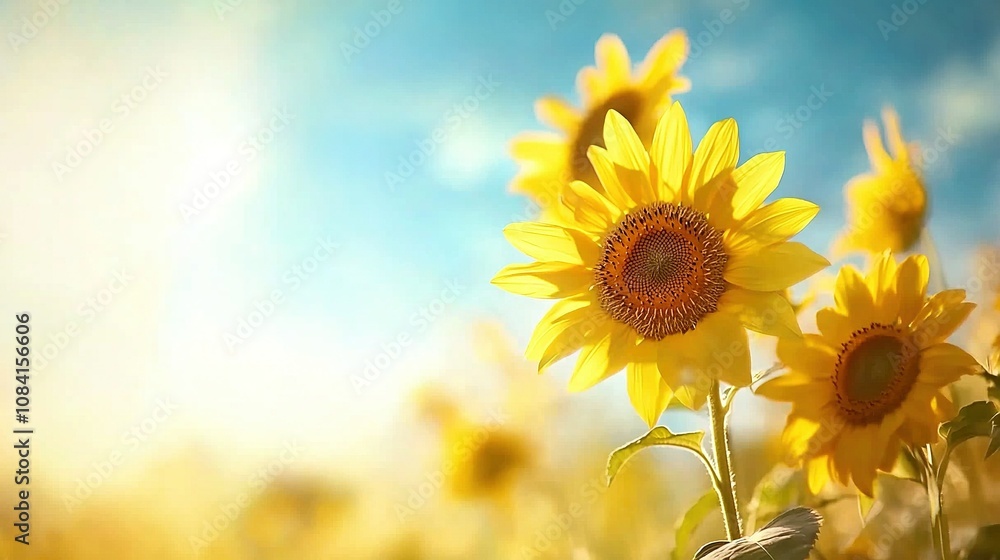 Obraz premium A vibrant field of sunflowers basking in the warm sun on a clear blue sky day, with fluffy white clouds in the background