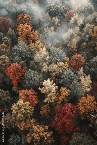 Autumn foliage in vibrant colors over a misty forest landscape in early morni...