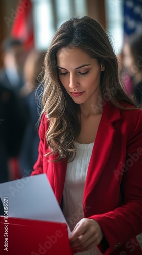 A woman in a red blazer reviewing documents inside a busy office setting duri...