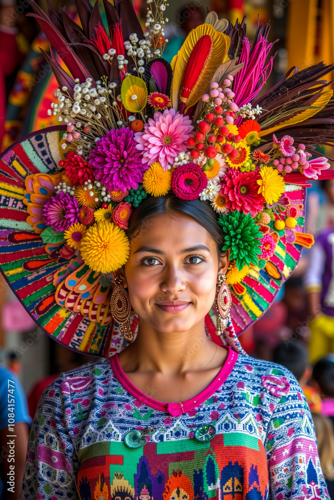 Fototapeta premium A woman wearing a colorful hat with flowers on her head