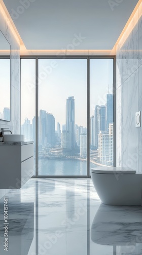 Modern bathroom design overlooking a city skyline with glass windows in the d...