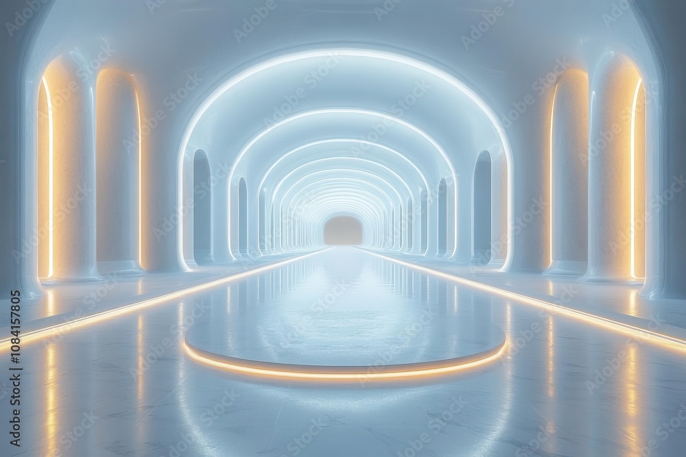 Obraz premium 3d rendering of a futuristic white corridor with elegant pillars and soft lighting, creating a serene atmosphere, embodying modern architecture and design