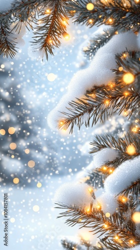 Winter wonderland with snowy pine branches illuminated by soft glowing lights