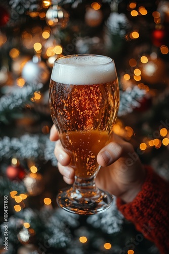 Festive gathering captures a hand holding a cold beer with sparkling decorati...