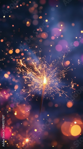 Colorful sparkler illuminating a dark backdrop with bokeh effects at a celebr...