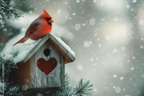 A vibrant cardinal perched on a snowy birdhouse with heart shaped entrance du...
