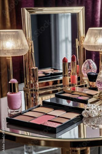 Luxurious vanity scene showcasing golden-framed mirror, elegant lamps with warm lighting, & array of cosmetics like lipsticks, palettes, perfumes, & nail polish, evoking glamour, & self-care.