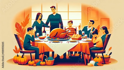 Traditional thanksgiving dinner scene with family gathered around a festive table, showcasing a cooked turkey centerpiece and vibrant autumn decor, captured in cinematic color grading illustration