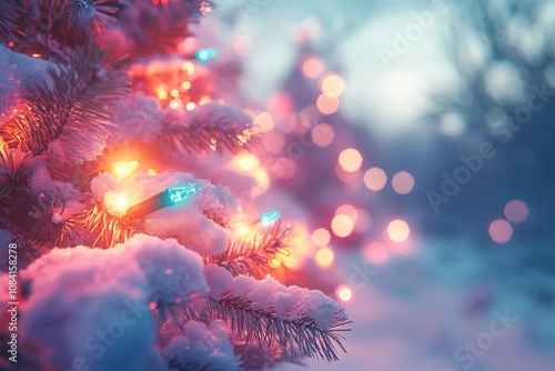A beautifully decorated Christmas tree with lights glowing in a snowy landsca...