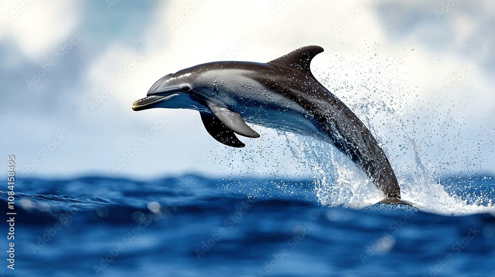 Obraz premium A dolphin leaps from the water with its mouth agape and head above the surface