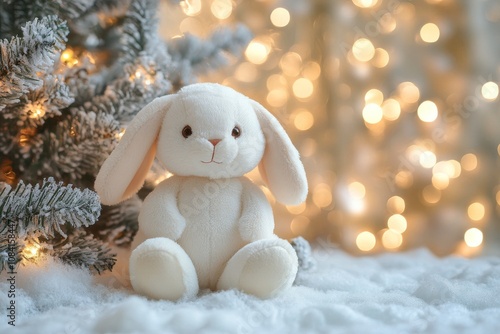 Soft white bunny toy placed near a frosted Christmas tree with twinkling ligh...