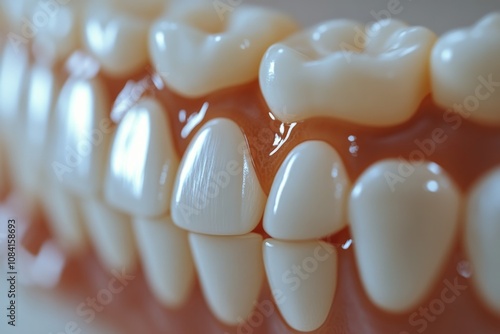 Close up of shiny dental crowns arranged neatly on a reflective surface indic...
