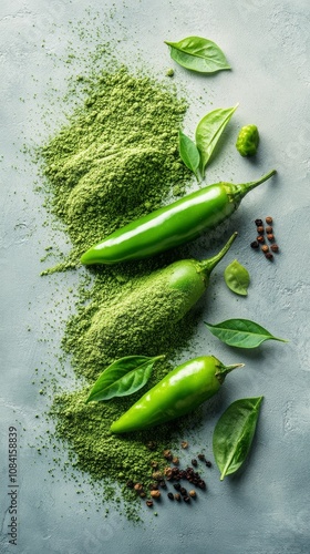 Fresh green chili and spice mix arranged aesthetically on a white background ...