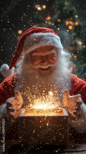 Santa Claus joyfully opens a magical gift during a snowy holiday evening fill...