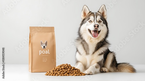 Cheerful Siberian Husky Sitting Beside a Pile of Pet Food on a Clean White Background for Advertising or Promotional Material Related to Pets and Nutrition photo