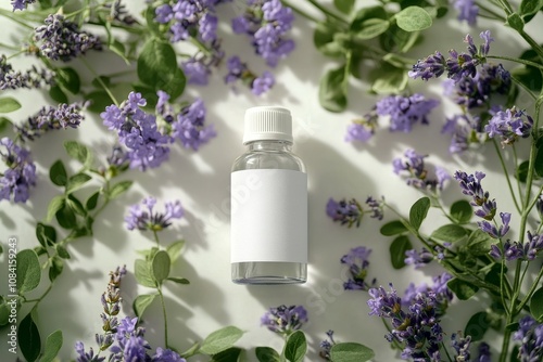 A glass dropper bottle surrounded by fresh lavender flowers outdoors in natur...