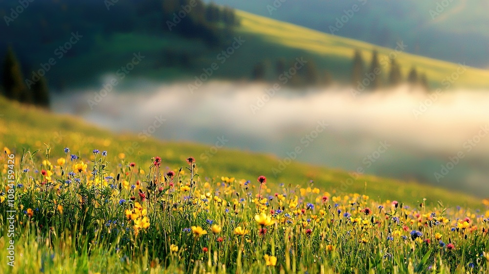 Obraz premium A field of diverse wildflowers in the foreground, surrounded by majestic mountains in the backdrop