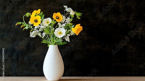   Vase with yellow and white flowers on wooden table against black wall