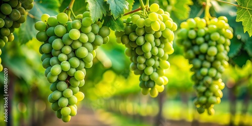 Three Bunches of Green Grapes Hanging from Vine, Photography, Fruit, Vineyard, Grapes photo