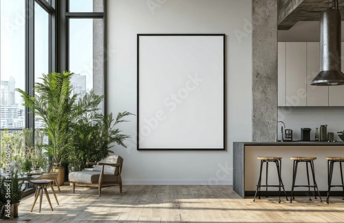 Modern urban interior featuring blank canvas in a stylish apartment with city...